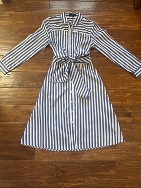 J. Crew Button-Front Shirt Dress with Waist Tie - Blue & White